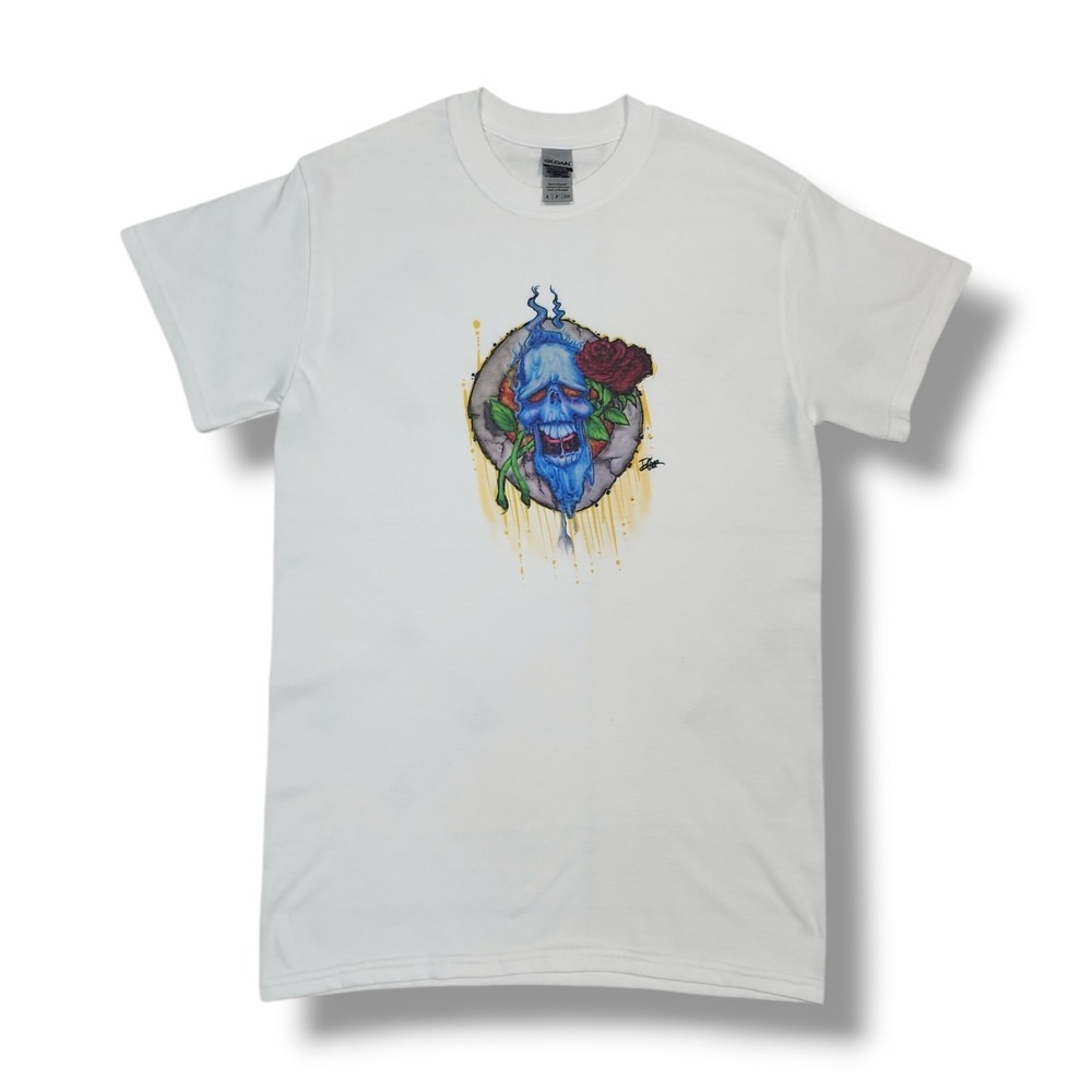 Custom Airbrushed Blue Skull & Rose White Gildan T-Shirt Men's S